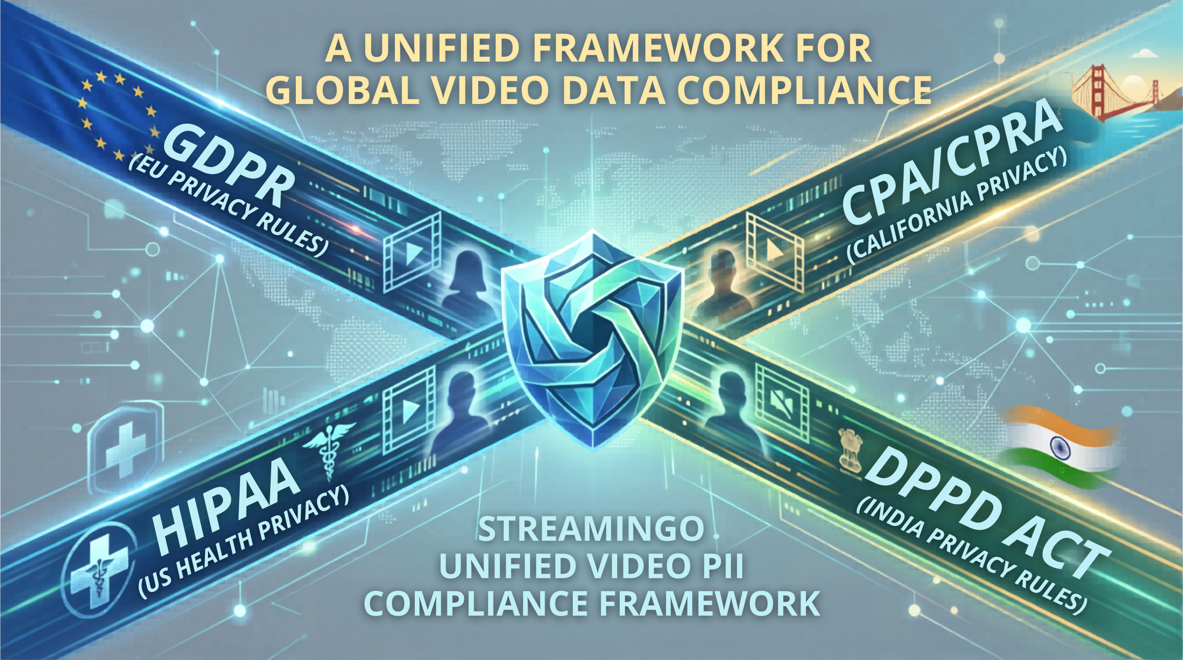 Streamingo Unified Video PII Compliance Framework — GDPR, HIPAA, CCPA/CPRA, and DPDP Act converging into a central compliance shield